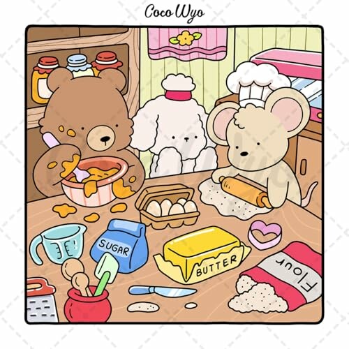 Cartoon bear, dog, and mouse baking together in kitchen.