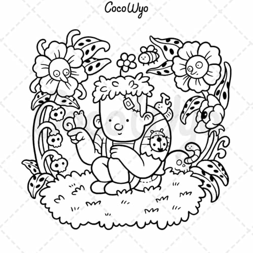 A cute cartoon character sitting in a garden with flowers and insects.