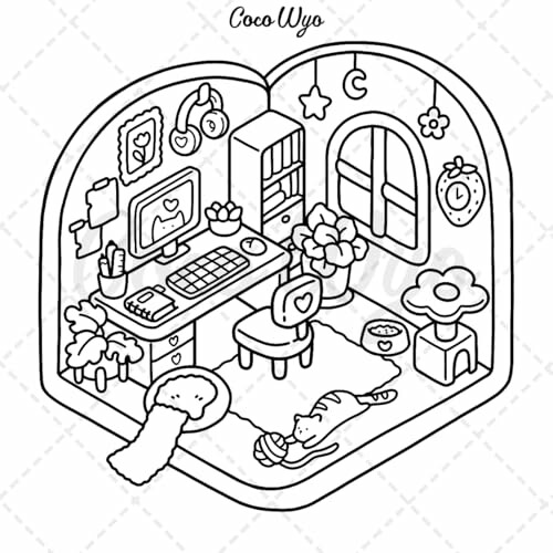 Line art of a cozy room with a desk, computer, plants, and a cat playing with yarn.