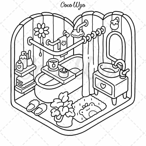 A page from the coloring book with a cozy illustration of a bathroom