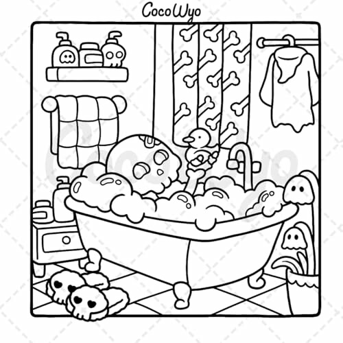 A cartoon bear in a bubble bath with duck and skull decor