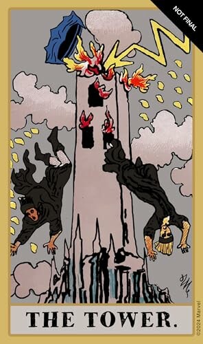 Illustration of the Tower tarot card with figures falling and lightning striking.