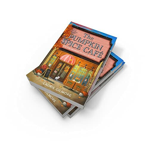 Stack of books titled 'The Pumpkin Spice Café' by Laurie Gilmore with a cozy café illustration on the cover.