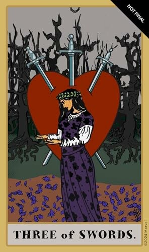 Three of Swords tarot card depicting a heart pierced by three swords and a woman in front of it.